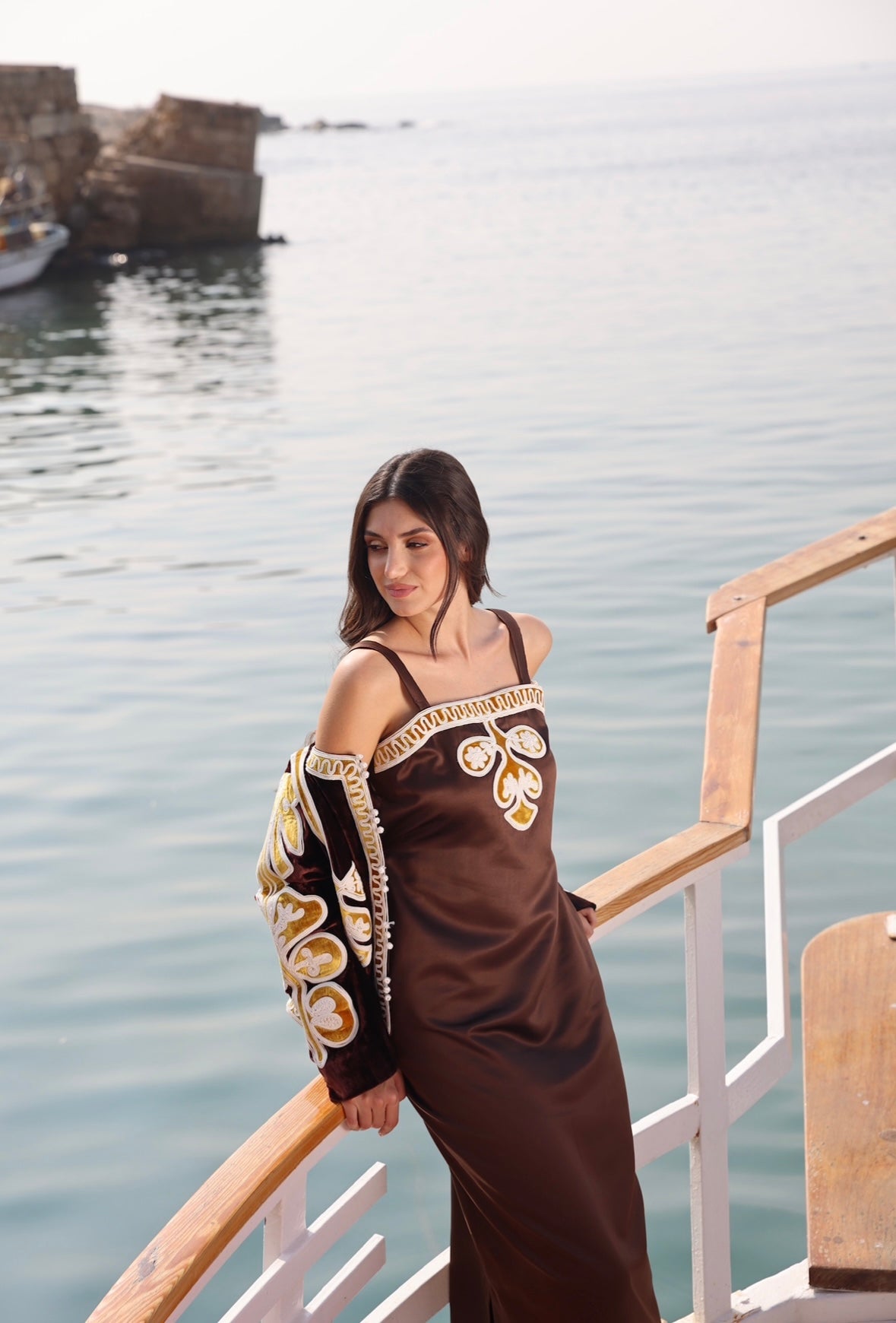 Velvet embroidered jacket set- brown