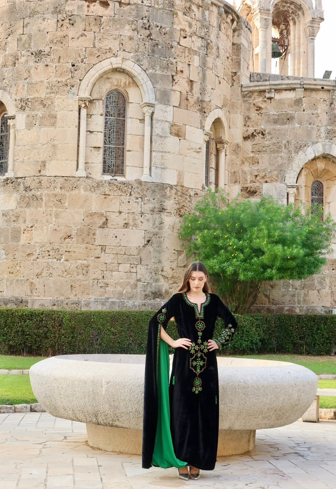 Beaded drape kaftan- green