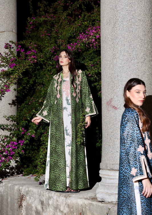 Green leopard kaftan set