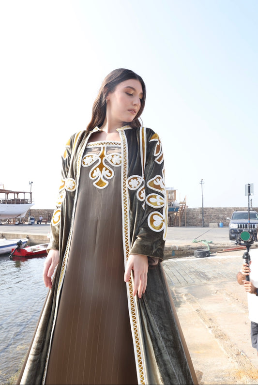 Beige velvet embroidered set- long