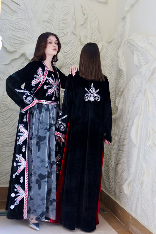 Velvet butterfly embroidered and beaded tulle 2 piece set