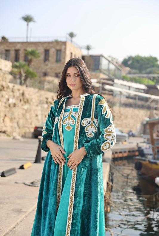 Teal blue velvet embroidered set - long