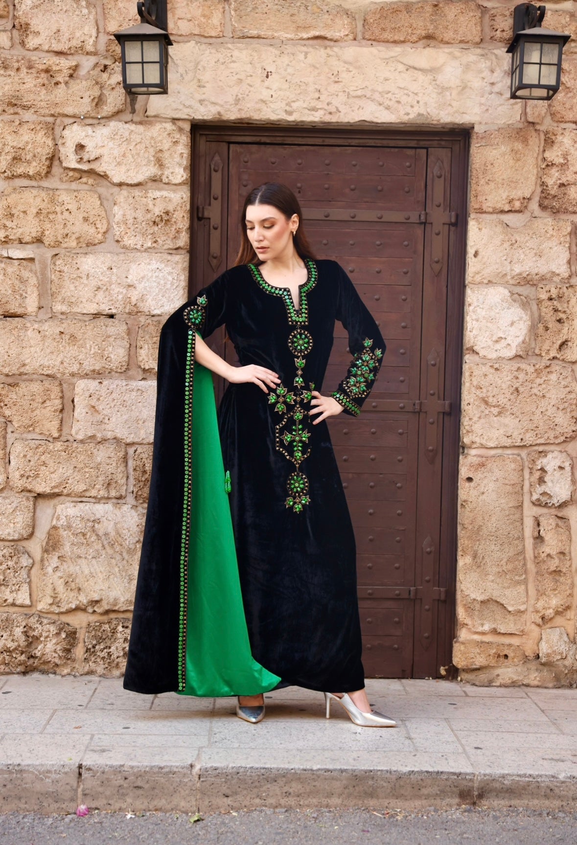 Beaded drape kaftan- green