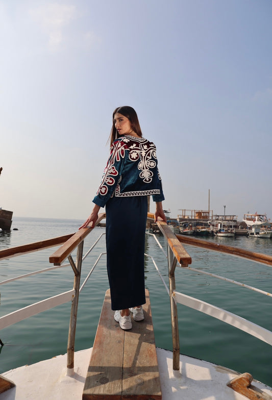 Velvet embroidered jacket set- blue