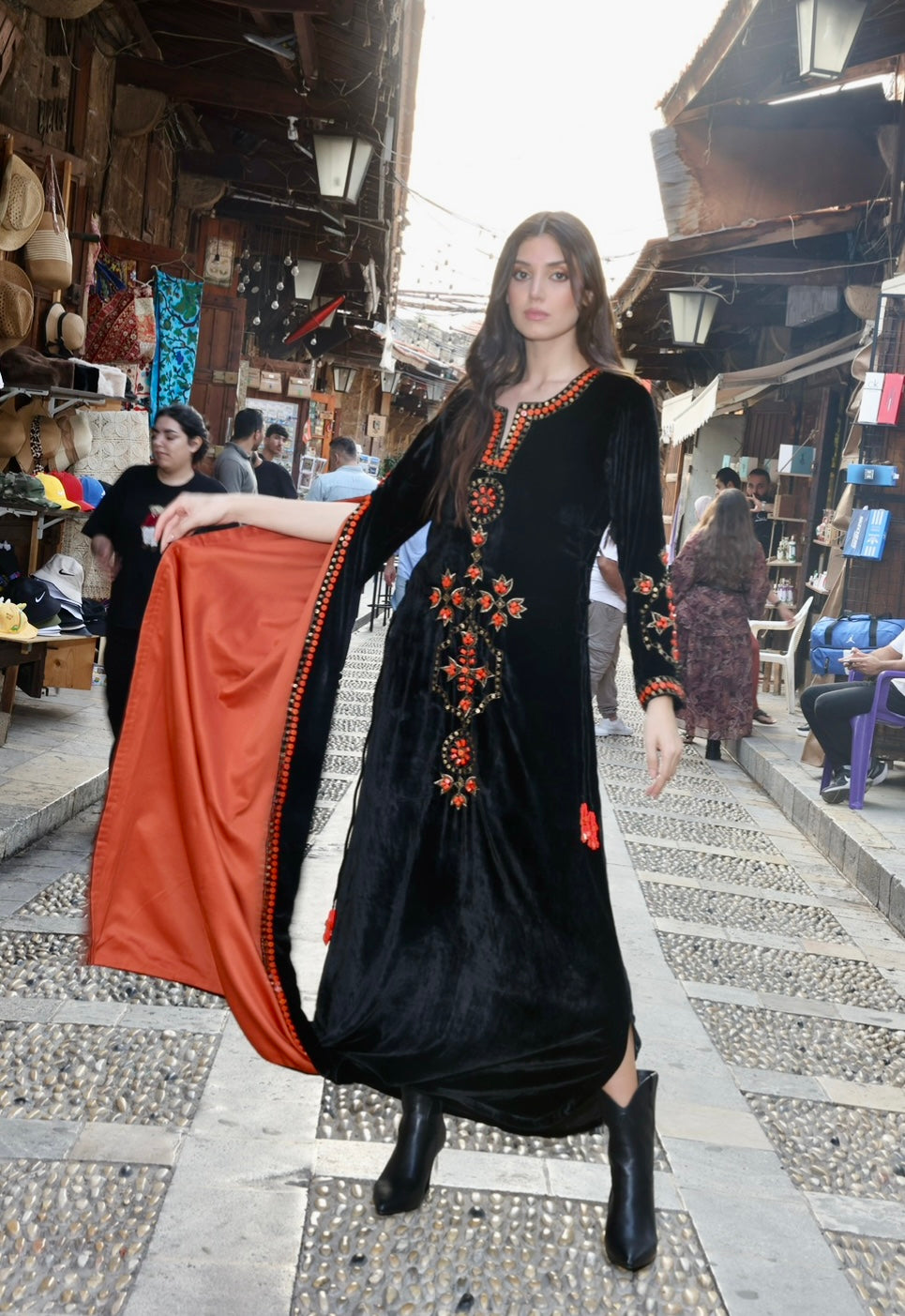 Beaded drape kaftan- coral