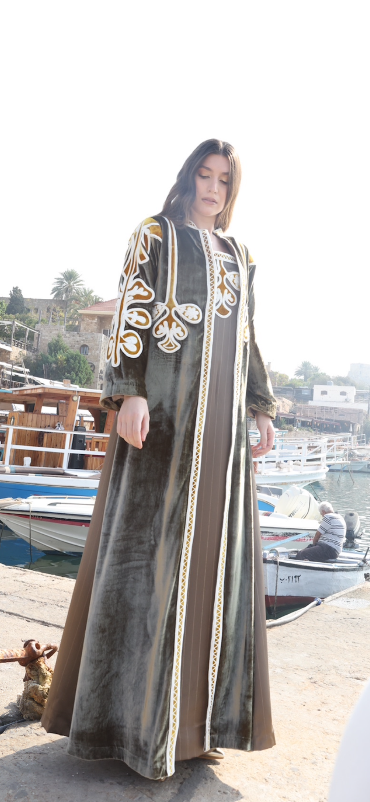 Beige velvet embroidered set- long