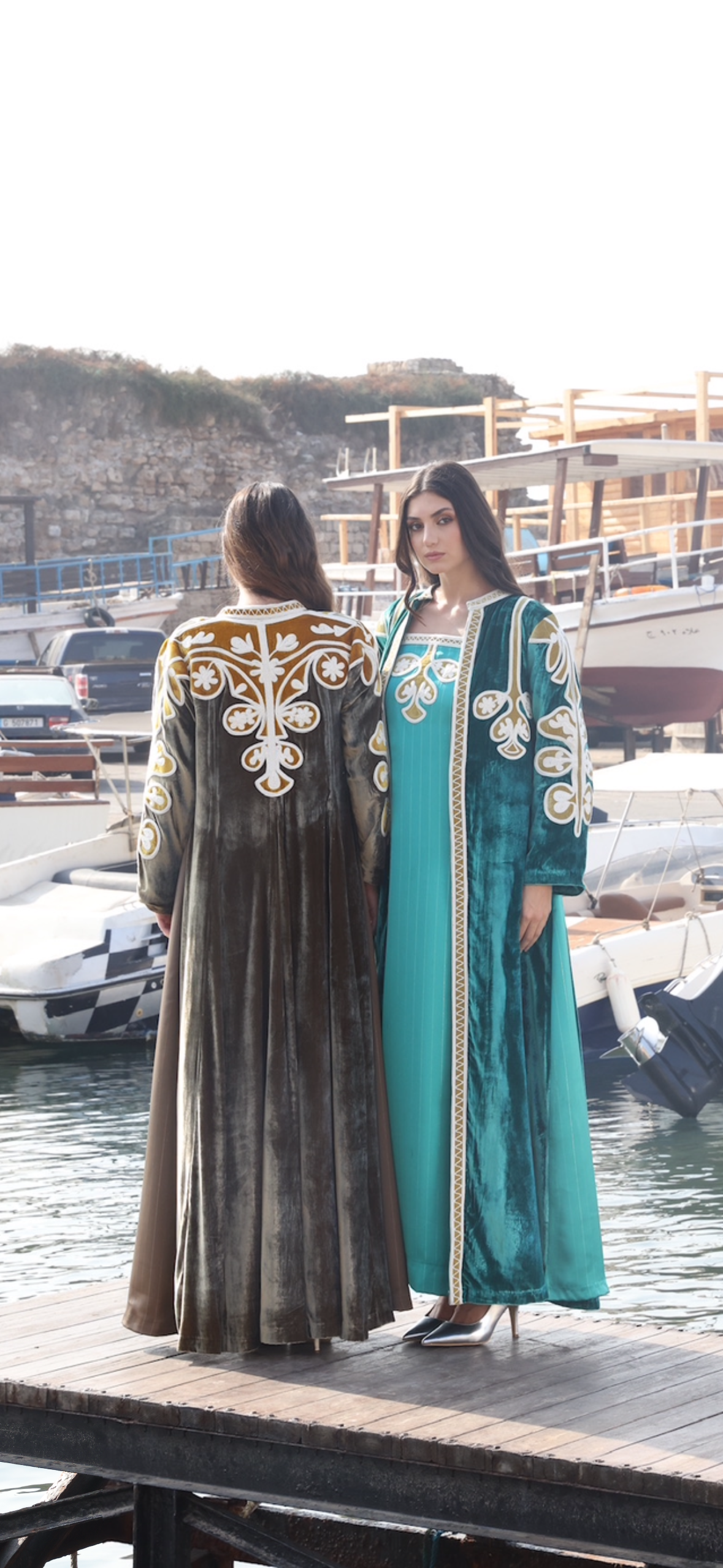 Beige velvet embroidered set- long